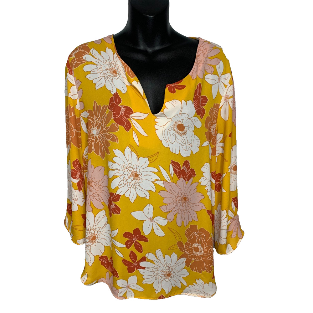 DR2 Daniel Rainn V-Neck 3/4 Sleeve Yellow Pink Floral Blouse Women's XL